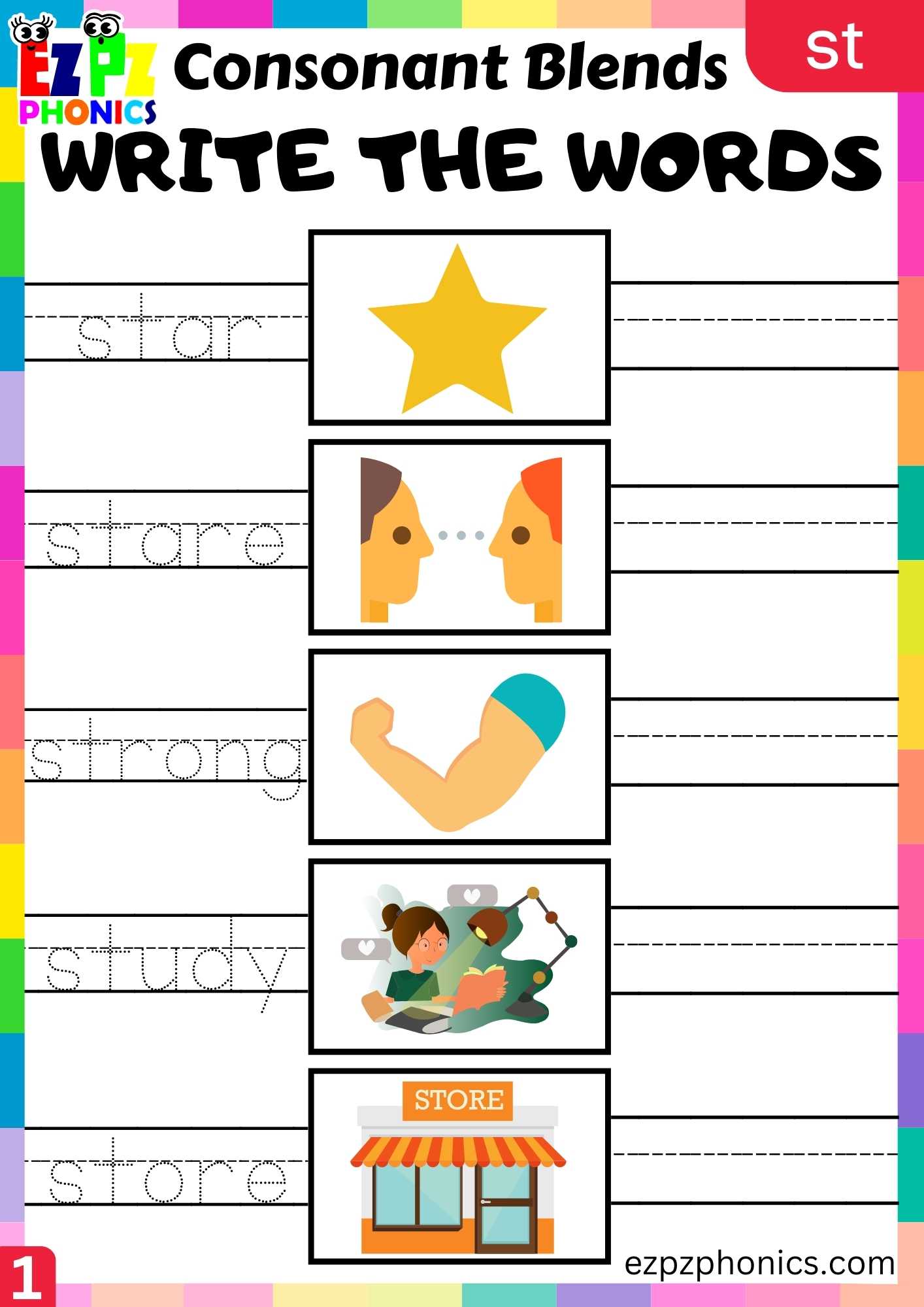 Group1 ST Words Write The Words Phonics Consonant Blends Worksheet